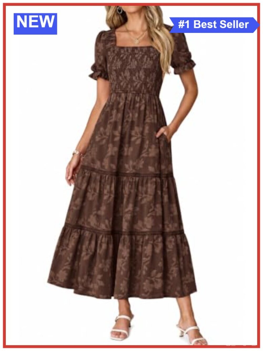 Women's Boho Floral Maxi Dress Short Sleeve Square Neck Smocked Summer